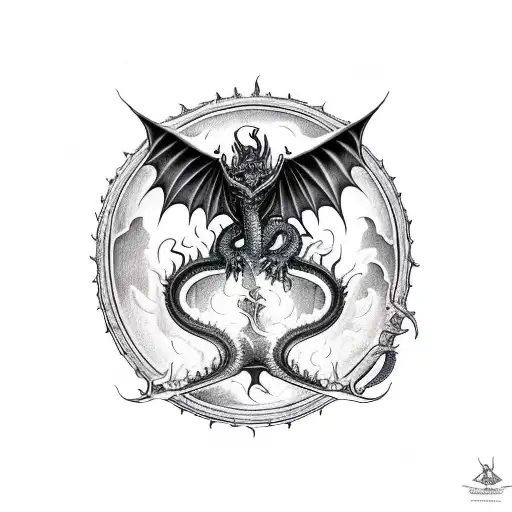 flying dragon of doom with a devil on it and a 666 number on the background tattoo design idea