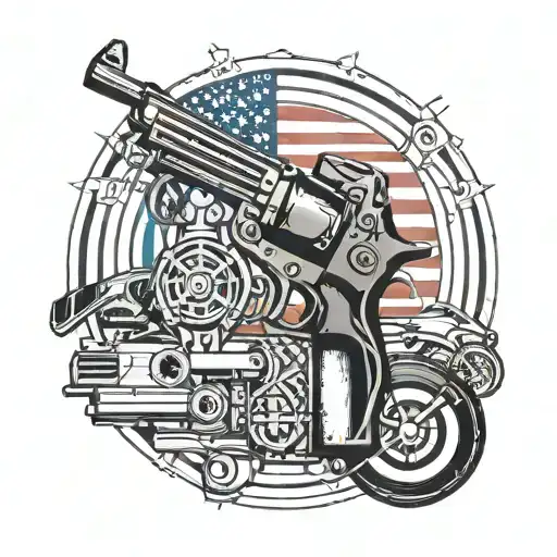 A mechanic's tools intertwined with American flag motifs and shooting targets tattoo design idea