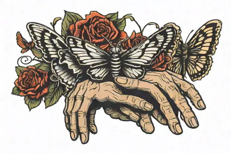 Skeleton Hand with wings and a man hand touching a butterfly tattoo design idea