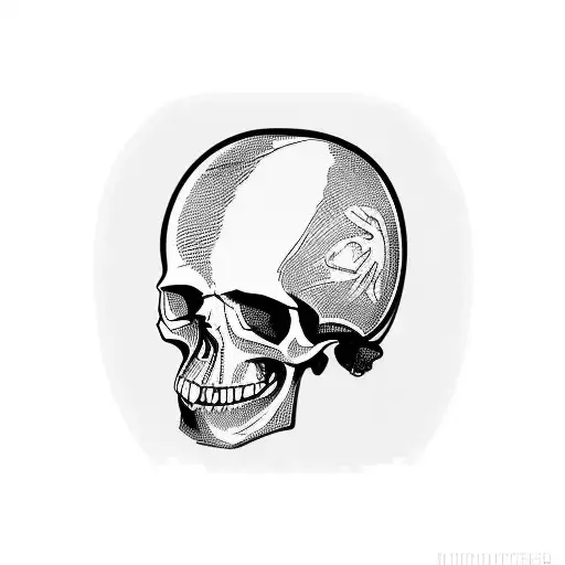 A skull wearing a coffee mug as a helmet, driving a car made of drumsticks tattoo design idea