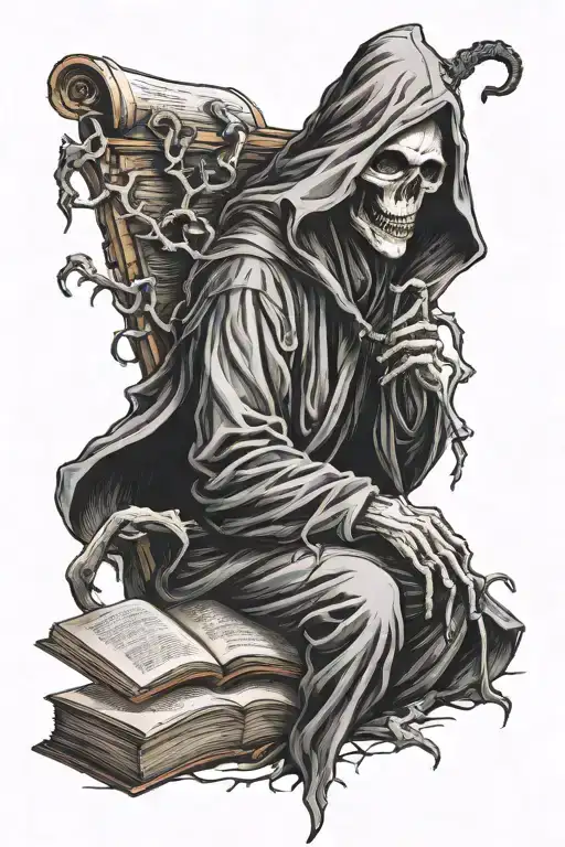 hooded figure grim reaper, open book, foxbsragon with antler emerging from book tattoo design idea