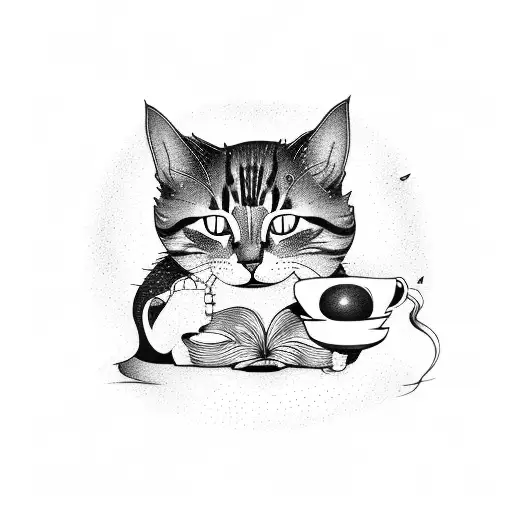A cat playing a musical instrument while sipping coffee, with a book at its feet tattoo design idea