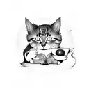 A cat playing a musical instrument while sipping coffee, with a book at its feet tattoo design idea