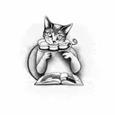A cat playing a musical instrument while sipping coffee, with a book at its feet tattoo design idea