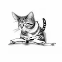 A cat playing a musical instrument while sipping coffee, with a book at its feet tattoo design idea