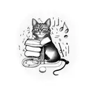 A cat playing a musical instrument while sipping coffee, with a book at its feet tattoo design idea