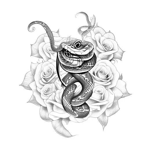 snake with roses and praying mantis and giant silkworm moth  tattoo design idea