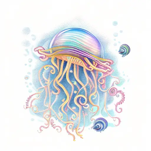 Colorful new-school jellyfish swimming around a nautilus tattoo design idea