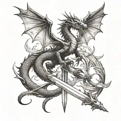 dragon around sword black and white wings pointed up  tattoo design idea