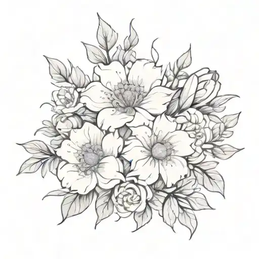 An intricate black and grey tattoo of a flower bouquet with lyrics in different languages intertwined in the design tattoo design idea
