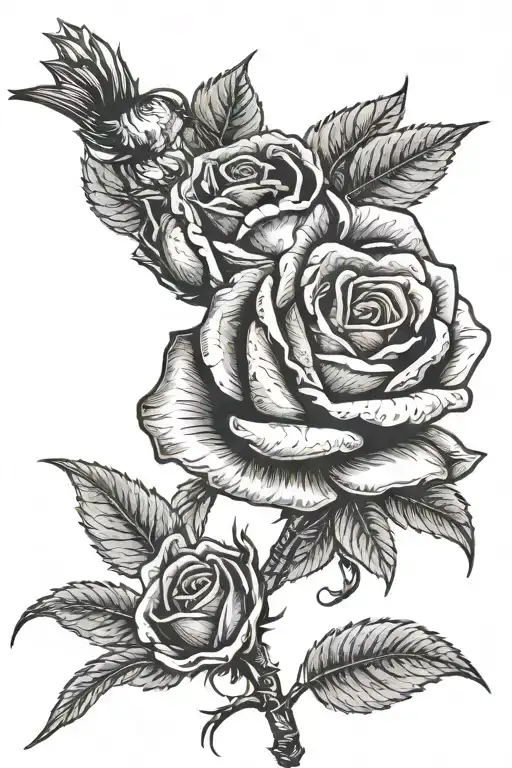 dead rose with stem wrapped, songbird tattoo design idea