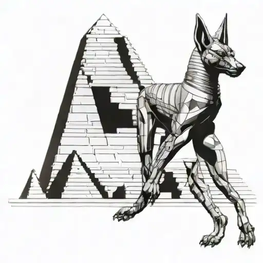 Anubis with Orus and Egyptian cat in the background of the pyramids and a king of ancient Egypt tattoo design idea