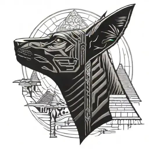 Anubis, Orus and Egyptian cat in the background of the pyramids and a king of ancient Egypt tattoo design idea