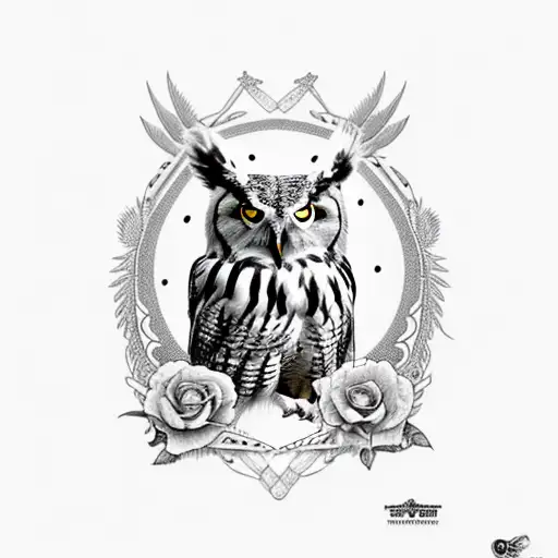 b&w eagle owl with skulls and indian woman tattoo design idea