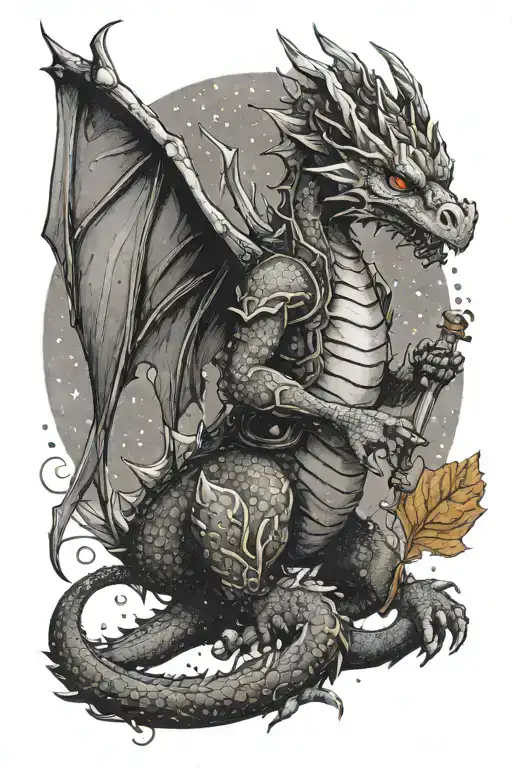 a leaf dragon going on an adventure through the stars with a mouse friend. he has a backpack and dagger tattoo design idea
