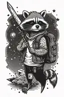 a racoon going on an adventure wearing a backpack and a dagger. there is a mouse friend and stars in the background  tattoo design idea