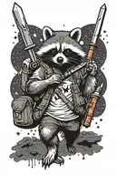 a racoon going on an adventure wearing a backpack and a dagger. there is a mouse friend and stars in the background  tattoo design idea