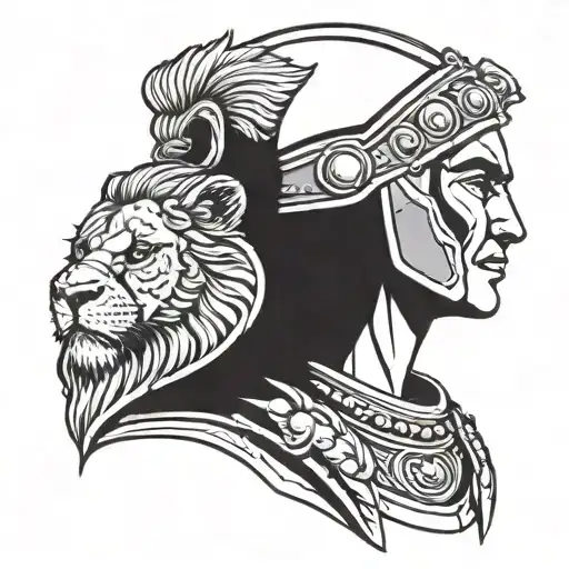 gladiator with lion head profile holding tattoo design idea