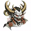 front art ,demon hannya ,angry,,symetry,fat contours,linework,full face,amazing details,satan,realistic,2k, tattoo design idea