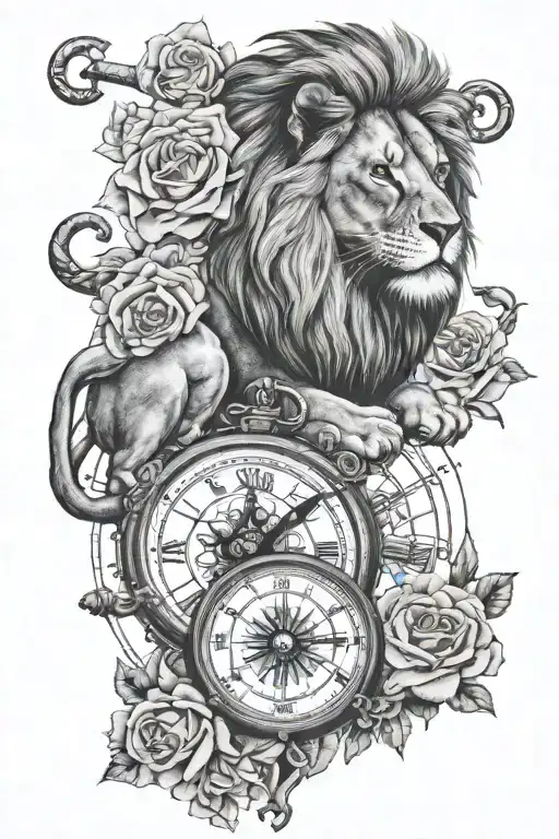 lion, map with rose, anchor, compass and clock tattoo design idea