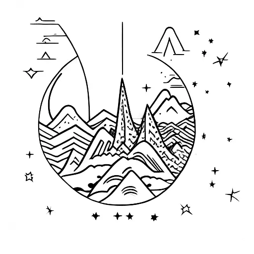 M shaped mountain C shaped moon Two stars above mountain one bigger than the other  tattoo design idea