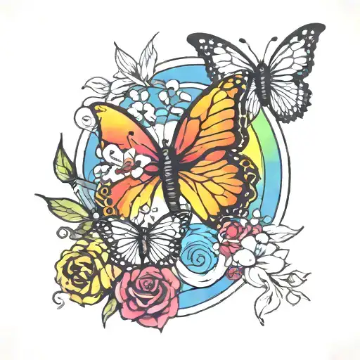 butterflies and rainbow tattoo design idea