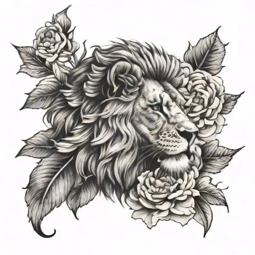 black and grey lion with peonies and hibiscus flower tattoo design idea