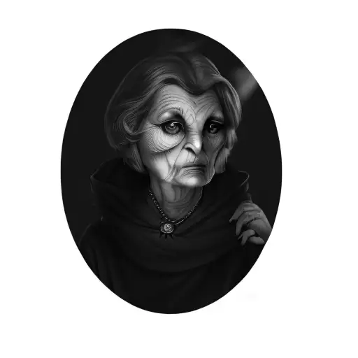 a gray-haired old woman with an owl Athene cunicularia on her shoulder tattoo design idea