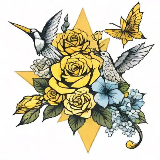 origami cranes, hydrangeas, yellow roses tattoo design idea