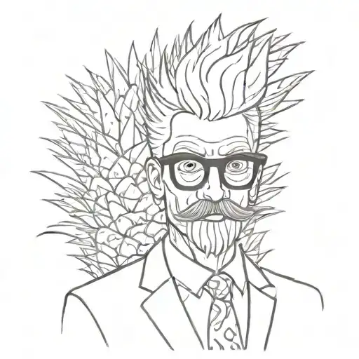 A man as a pineapple. Wearing a suit and glasses. Has a small beard and moustache. White & grey spiky hair.  tattoo design idea