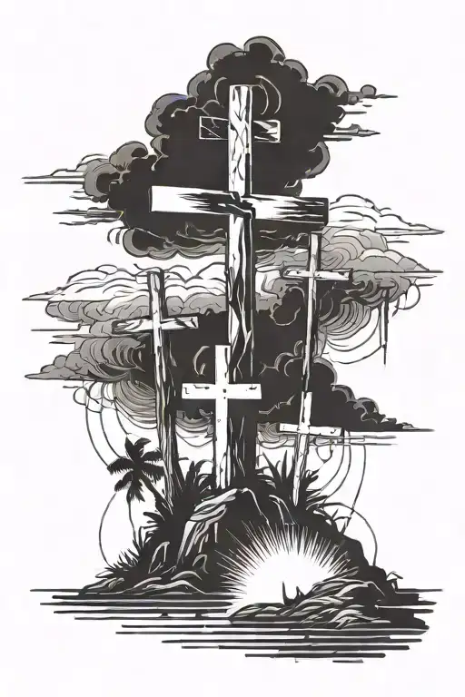 3 crosses on an island in stormy weather  tattoo design idea