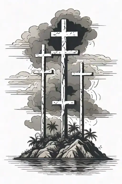 3 crosses on an island in stormy weather  tattoo design idea