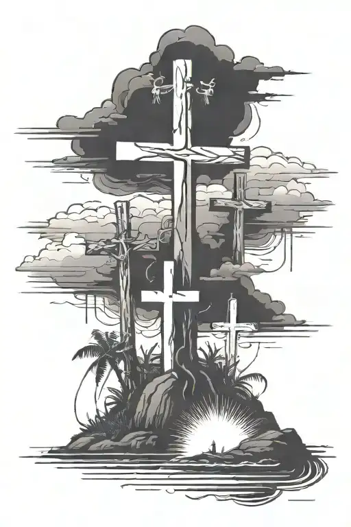 3 crosses on an island in stormy weather  tattoo design idea