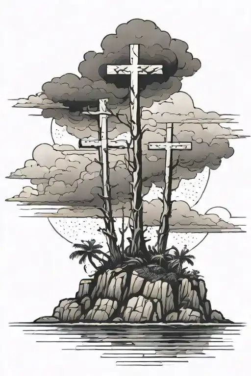 3 crosses on an island in stormy weather  tattoo design idea