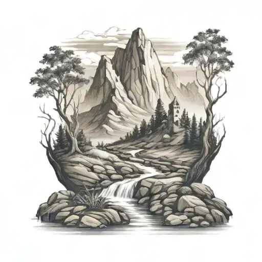 Big Mountain with a creek running with three crosses on the left side on a hill tattoo design idea