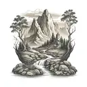 Big Mountain with a creek running with three crosses on the left side on a hill tattoo design idea