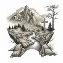 Big Mountain with a creek running with three crosses on the left side on a hill tattoo design idea