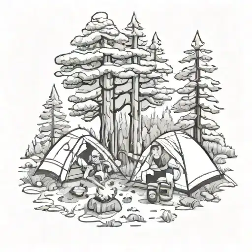 Children camping in the wilderness surrounded by nature tattoo design idea