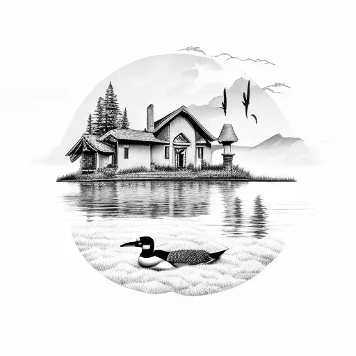 Loon with lake house behind it tattoo design idea