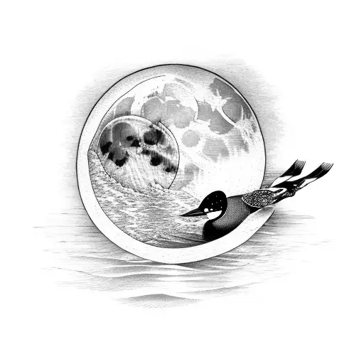 A loon gracefully gliding on the water with a reflection of the moon tattoo design idea
