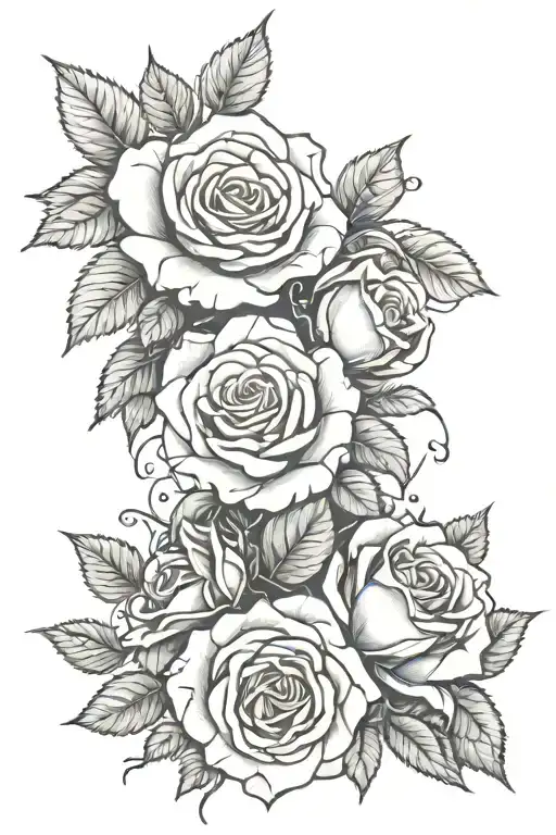 roses without leaves surrounded by night sky elements in a black-grey style for a thigh tattoo tattoo design idea
