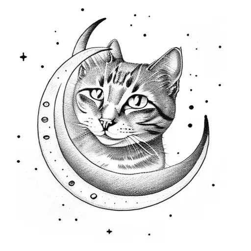 crescent moon with cat tattoo design idea