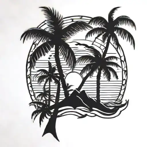 palm tree dogs pow and sun setting Philippine sun  tattoo design idea