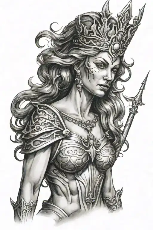 Female Poseidon with crown and trident tattoo design idea
