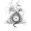 an wooden hour glass falling apart into a bed of spider death lilies with vine rising up the hour glass tattoo design idea