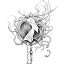 an wooden hour glass falling apart into a bed of spider death lilies with vine rising up the hour glass tattoo design idea
