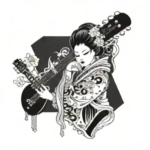 A tattoo design combining a traditional Japanese geisha with musical elements such as a guitar or musical notes tattoo design idea