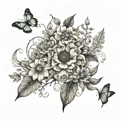 Visualize a tattoo design inspired by the beauty of nature, featuring a lush botanical garden scene. The design could include a variety of flowers, plants, and butterflies, arranged in a harmonious and balanced composition. Intricate details and vibrant colors could bring the garden to life, creating a sense of movement and vitality. This tattoo would symbolize the wearer's love for nature and the outdoors, and would be a refreshing and uplifting piece. It would be well-suited for placement on the shoulder, thigh, or back. tattoo design idea