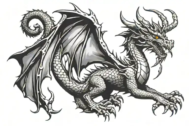Envision a powerful, dragon-inspired tattoo design. The dragon could be depicted in a dynamic, coiled pose, its wings spread wide and its jaws open, emitting a beam of fire or energy. The dragon's body could be rendered in shades of reds, oranges, and metallic tones, giving it a fiery, iridescent appearance. Intricate scales, horns, and talons could add depth and textural interest to the design. Surrounding the dragon, swirling clouds of smoke or mist could create a sense of motion and drama. This tattoo would symbolize strength, courage, and the mystical forces of the natural world. It would be an impressive, bold design, well-suited for placement on the back, chest, or arm. tattoo design idea