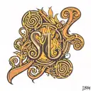 simple line wood fire with the letters S J and M carved into the wood tattoo design idea
